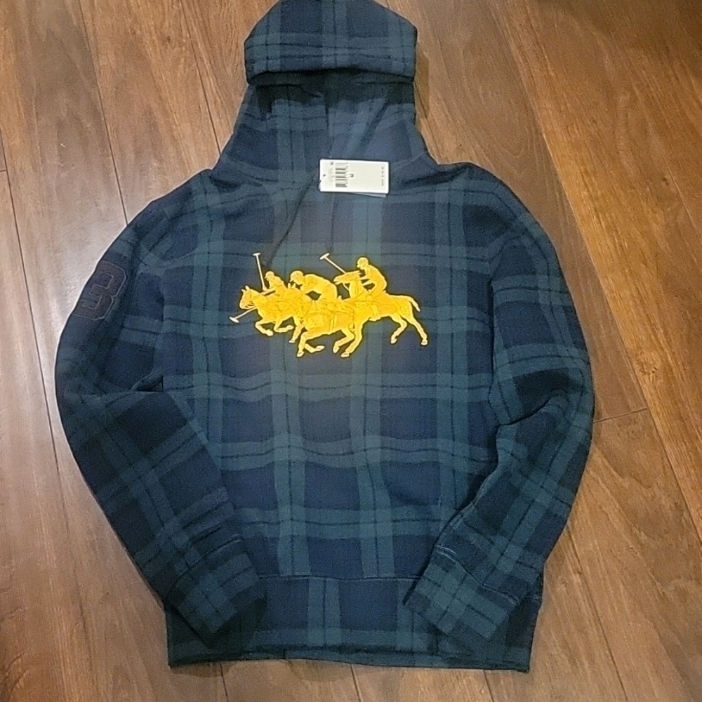 NEW! POLO RALPH LAUREN Holiday Heritage Plaid Gold Pony Hooded Sweatshirt Medium - Picture 5 of 5